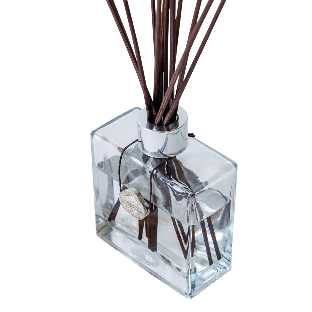 Clear diffuser bottle with all natural fragrance and reed stems. Handcrafted by Moxxie.
