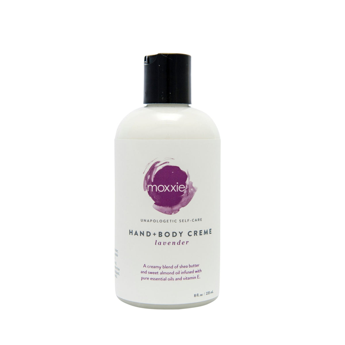 Bottle of rich and nourishing hand and body creme in lavender.  handcrafted by Moxxie Essential care