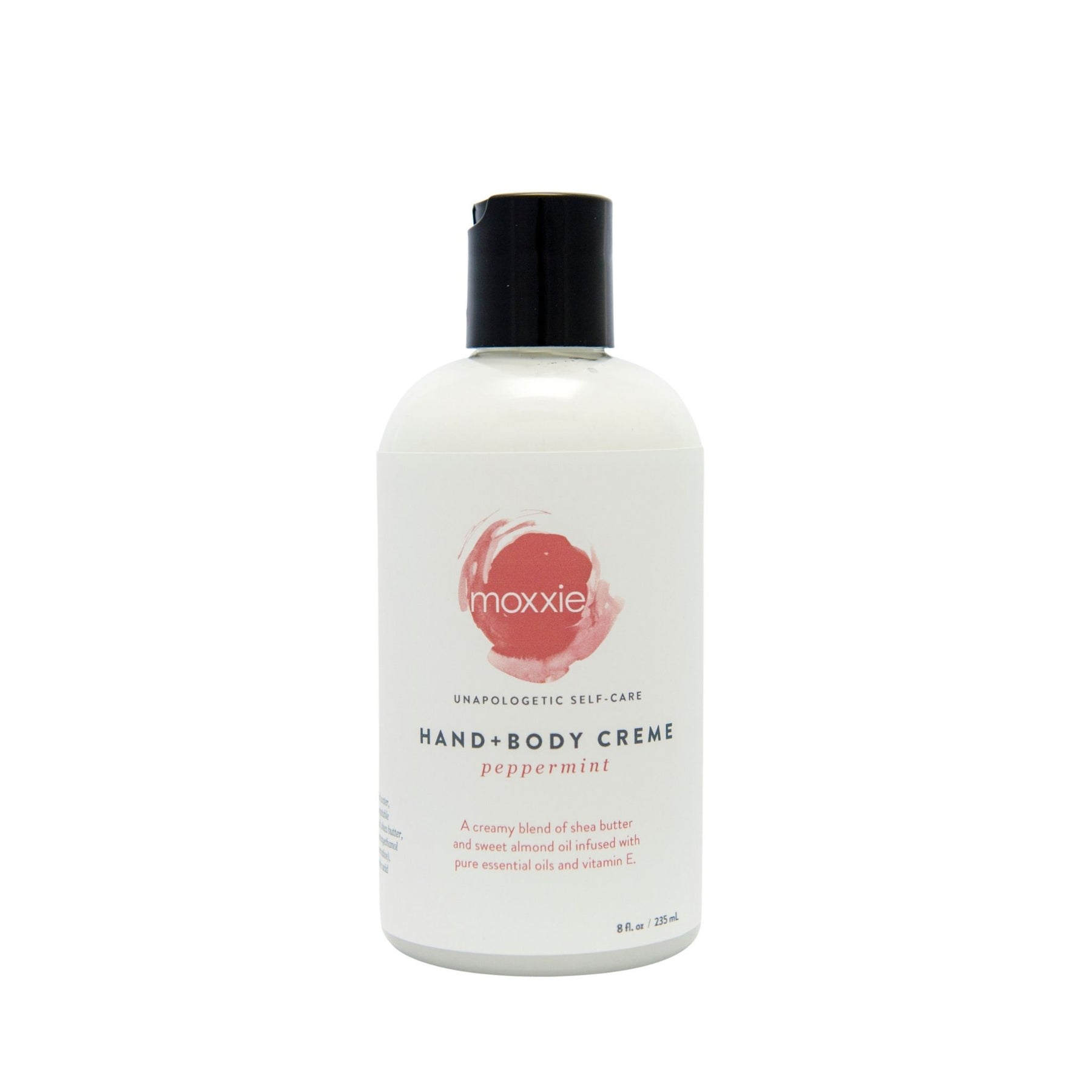 Bottle of Moxxie's super-rich hand & body creme lotion.  It is a nourishing blend of whipped shea butter, avocado oil, pure essential oils and vitamin e.