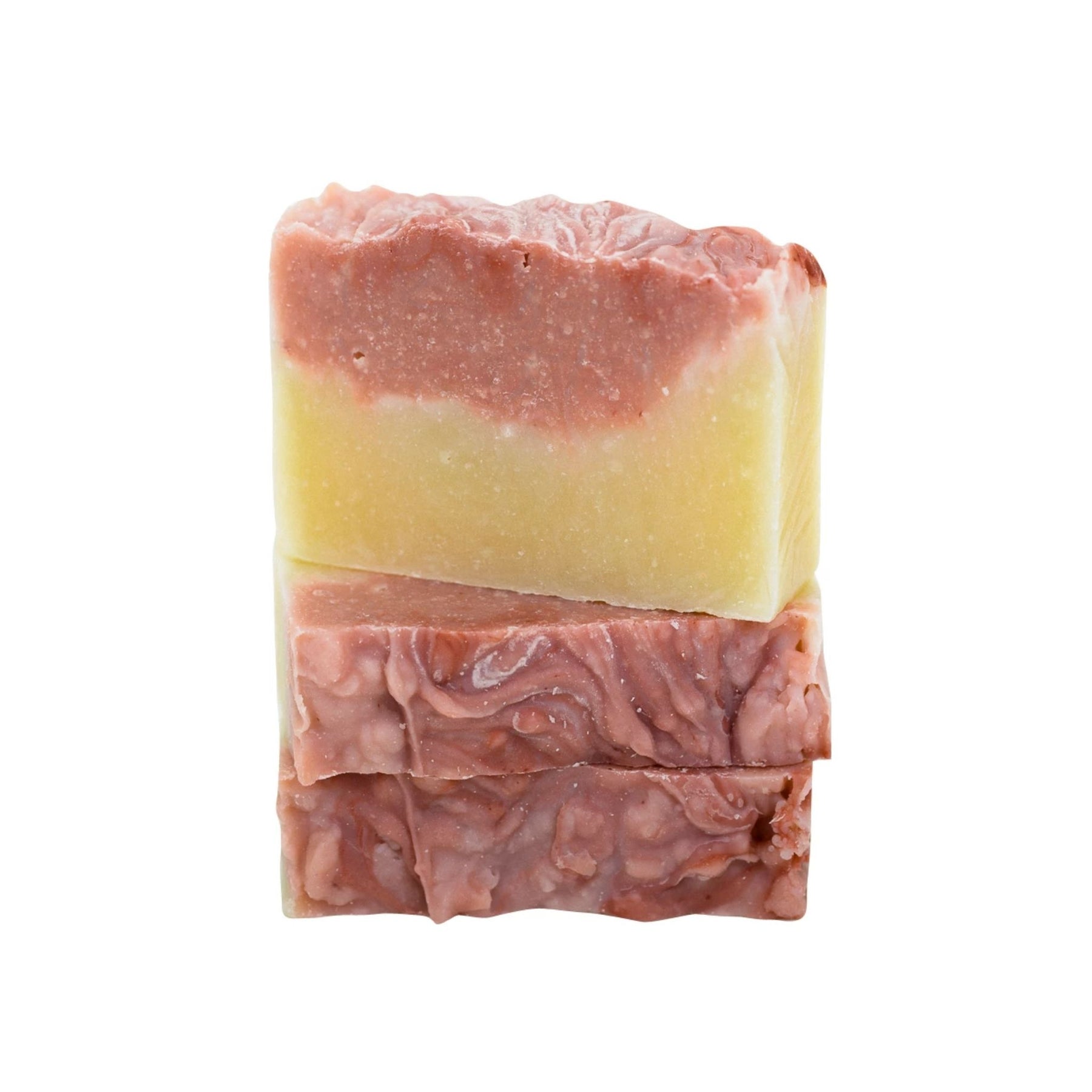 Stack of Moxxie handcrafted Rosemary and Lavender soap showing it's swirling red, rose and cream colors