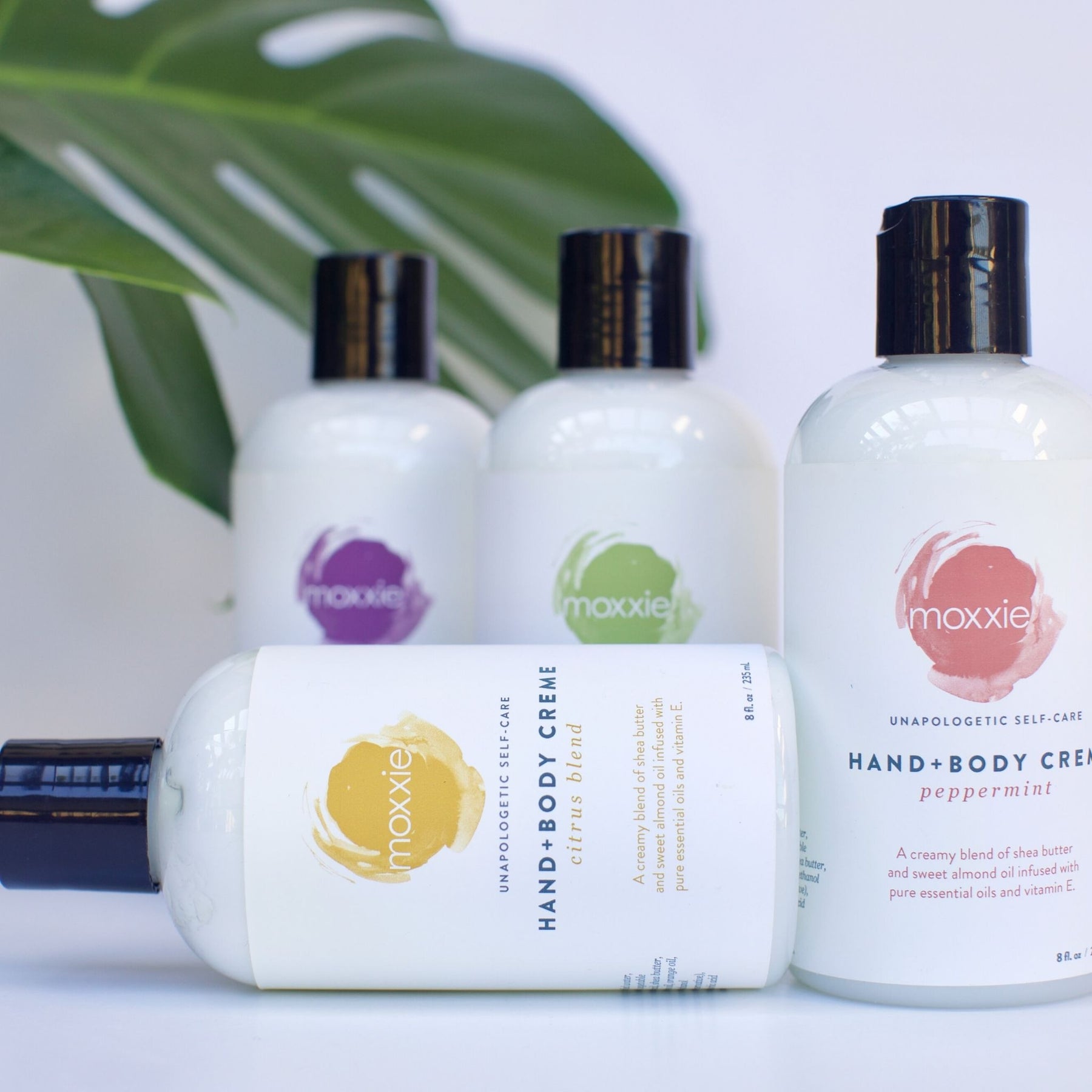 Bottles of Moxxie Essential Care hand and Body Creme, with Citrus blend scent in front