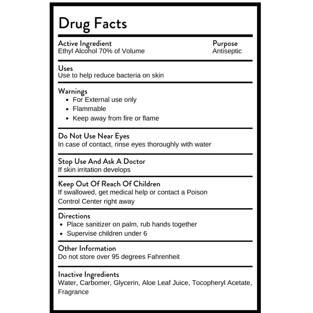 Ingredients of hand sanitizer ingredient for Moxxie's Hand Sanitizer Spray.