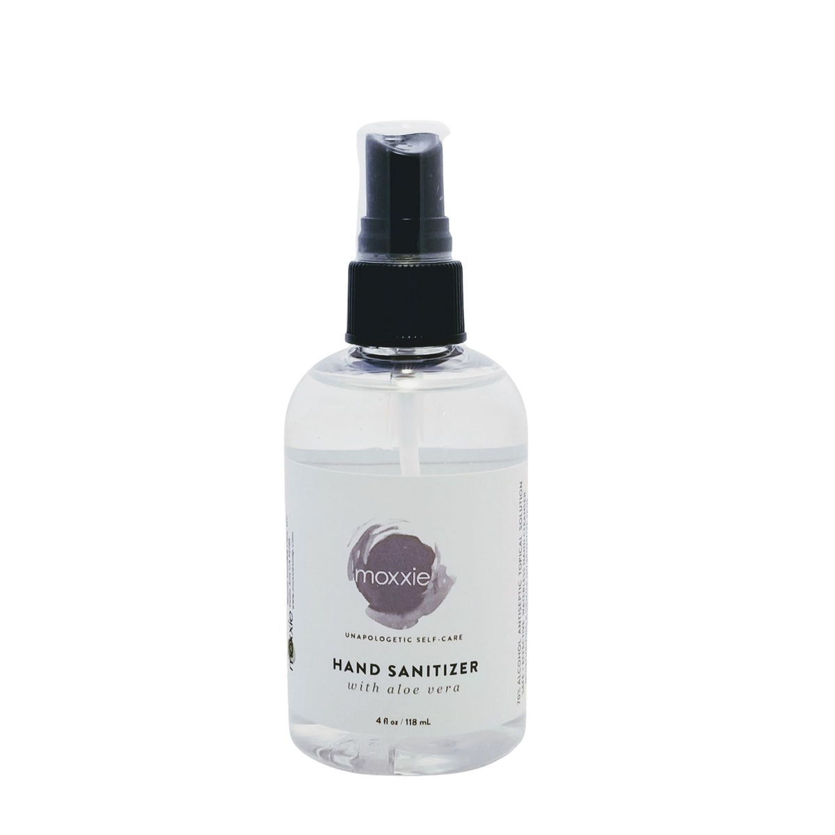 Bottle of Moxxie's skin-loving alcohol based, convenient hand sanitizer spray.  Keep your hands clean while on the go.