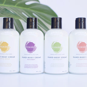Line up of super-rich hand & body creme lotion.  Moxxie's nourishing blend of whipped shea butter, avocado oil, pure essential oils and vitamin e.