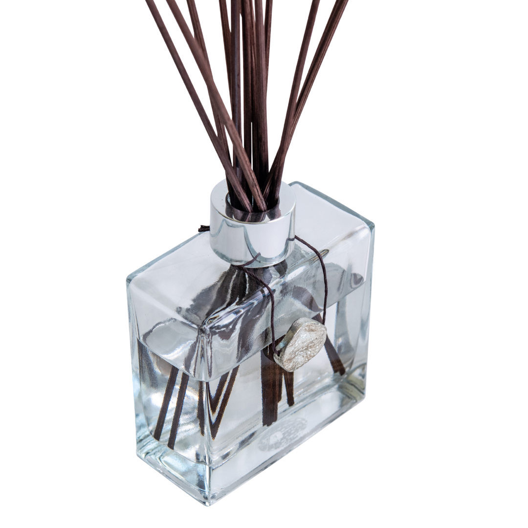 Clear diffuser bottle with all natural fragrance and reed stems. Handcrafted by Moxxie.