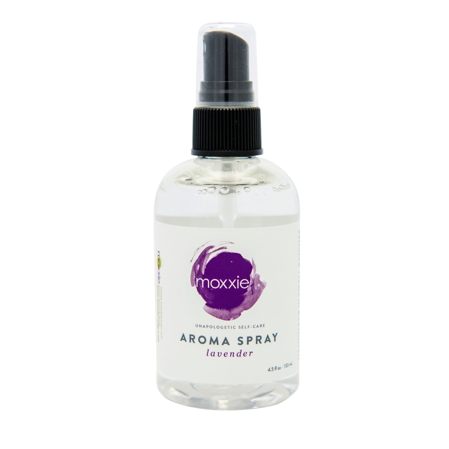 Bottle of Moxxie's all natural essential oil Aroma Spray in a Lavender and Rosemary scent