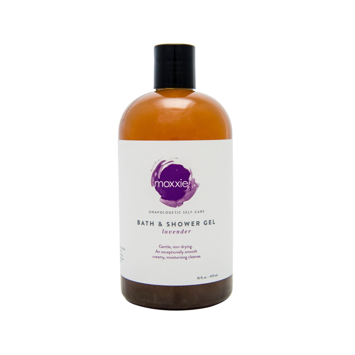 Bottle of gentle bath and shower gel, handcrafted in the US by Moxxie using all natural ingredient and essential oils
