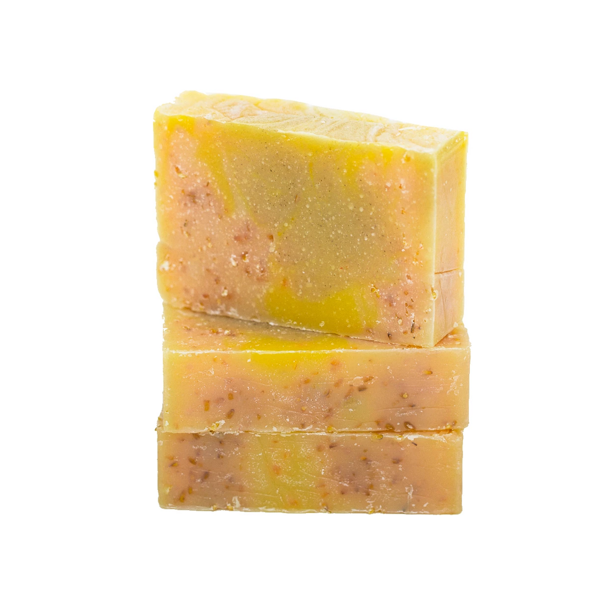 Stack of swirling orange and yellow bar soaps speckled with oatmeal - Moxxie Lemongrass and Oatmeal bar soap
