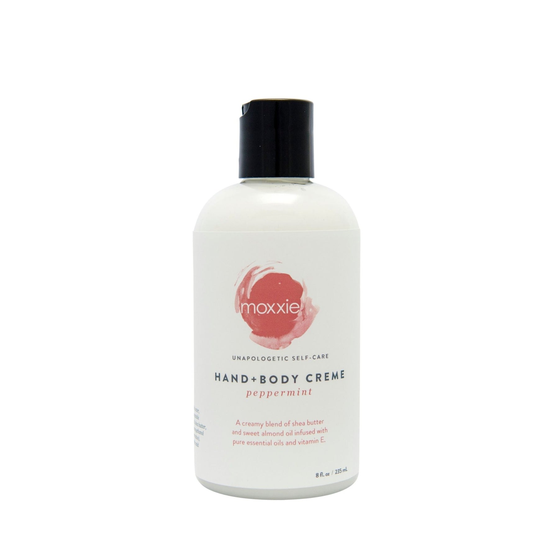 Bottle of Moxxie's super-rich hand & body creme lotion.  It is a nourishing blend of whipped shea butter, avocado oil, pure essential oils and vitamin e. 