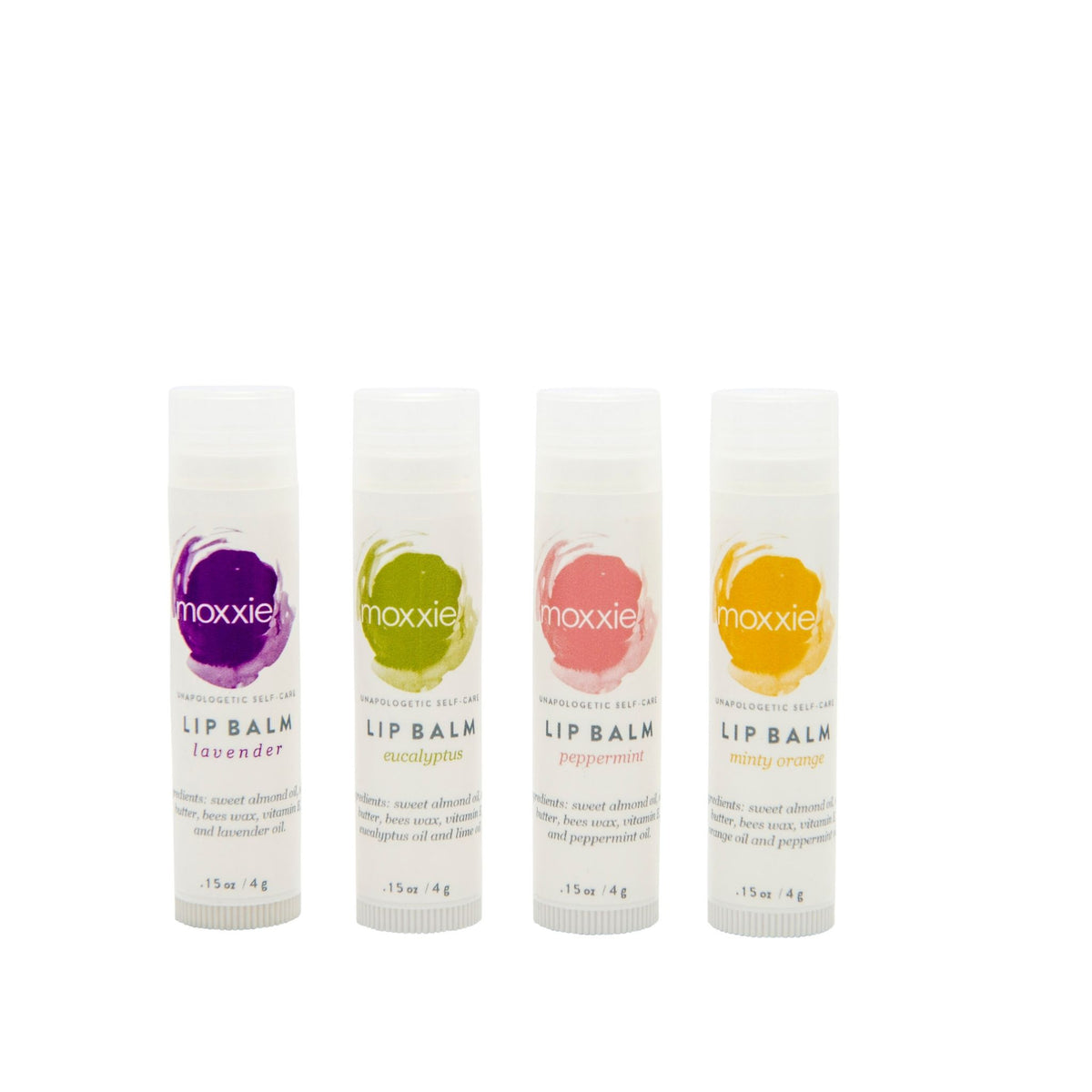 Lineup of Moxxie all natural lip balms in lavender, eucalyptus, peppermint, and minty orange
